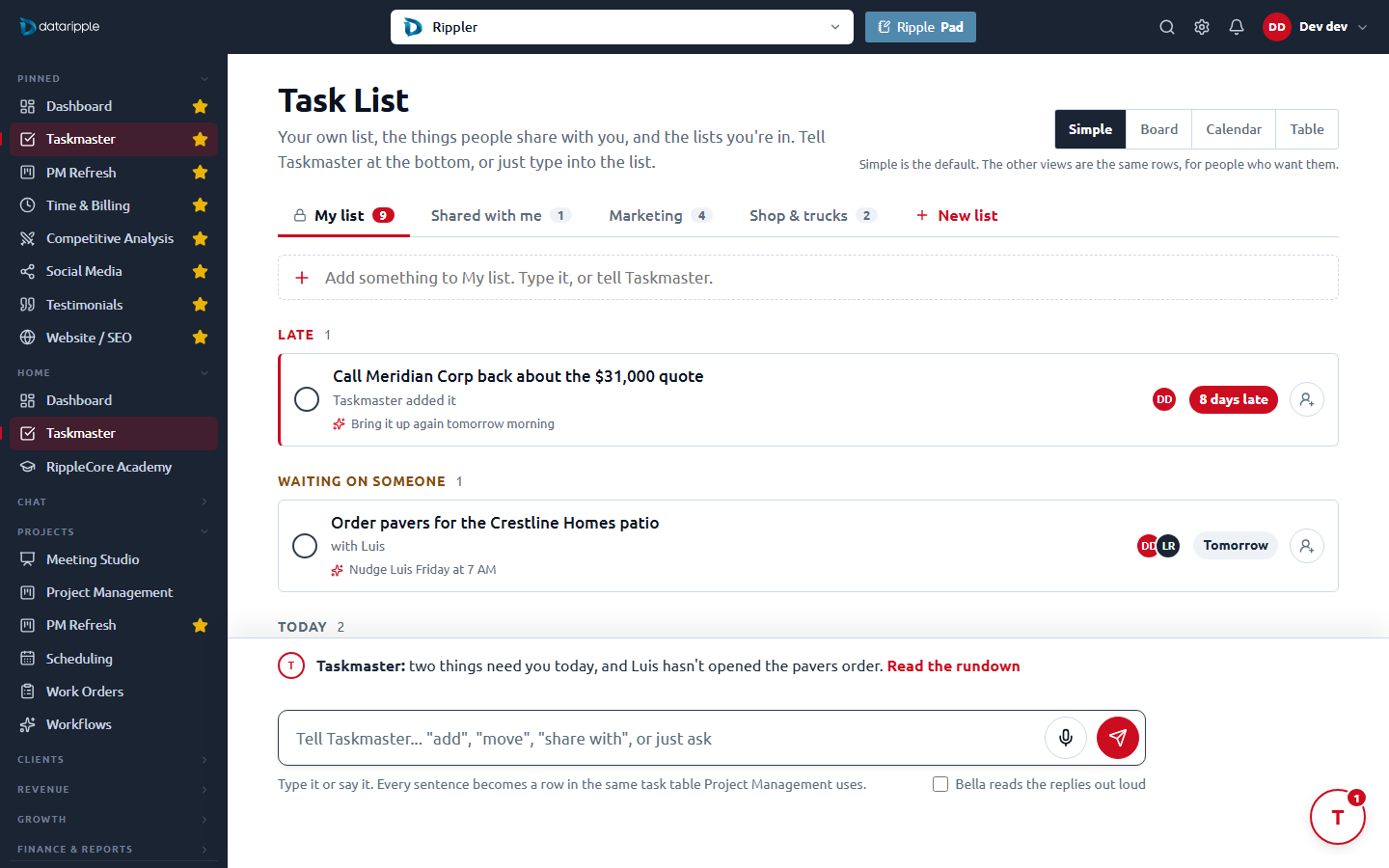 Option 2, The list: a Trello-simple task list with tabs per list, Simple, Board, Calendar and Table views, and Taskmaster docked at the bottom
