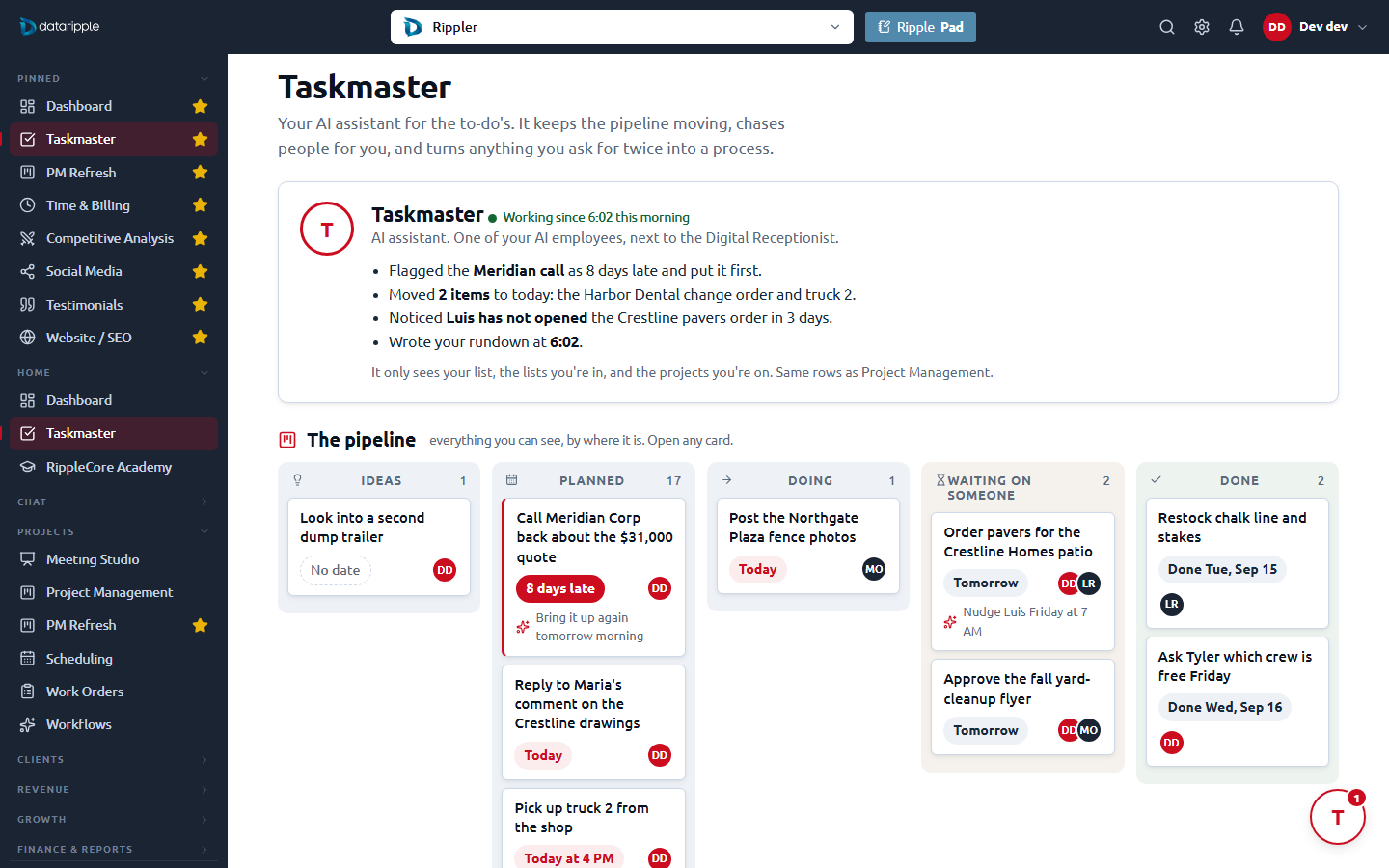 Option 3, The pipeline: Taskmaster as an AI employee card with what it did overnight, a five-stage pipeline, processes it runs, and a chat panel