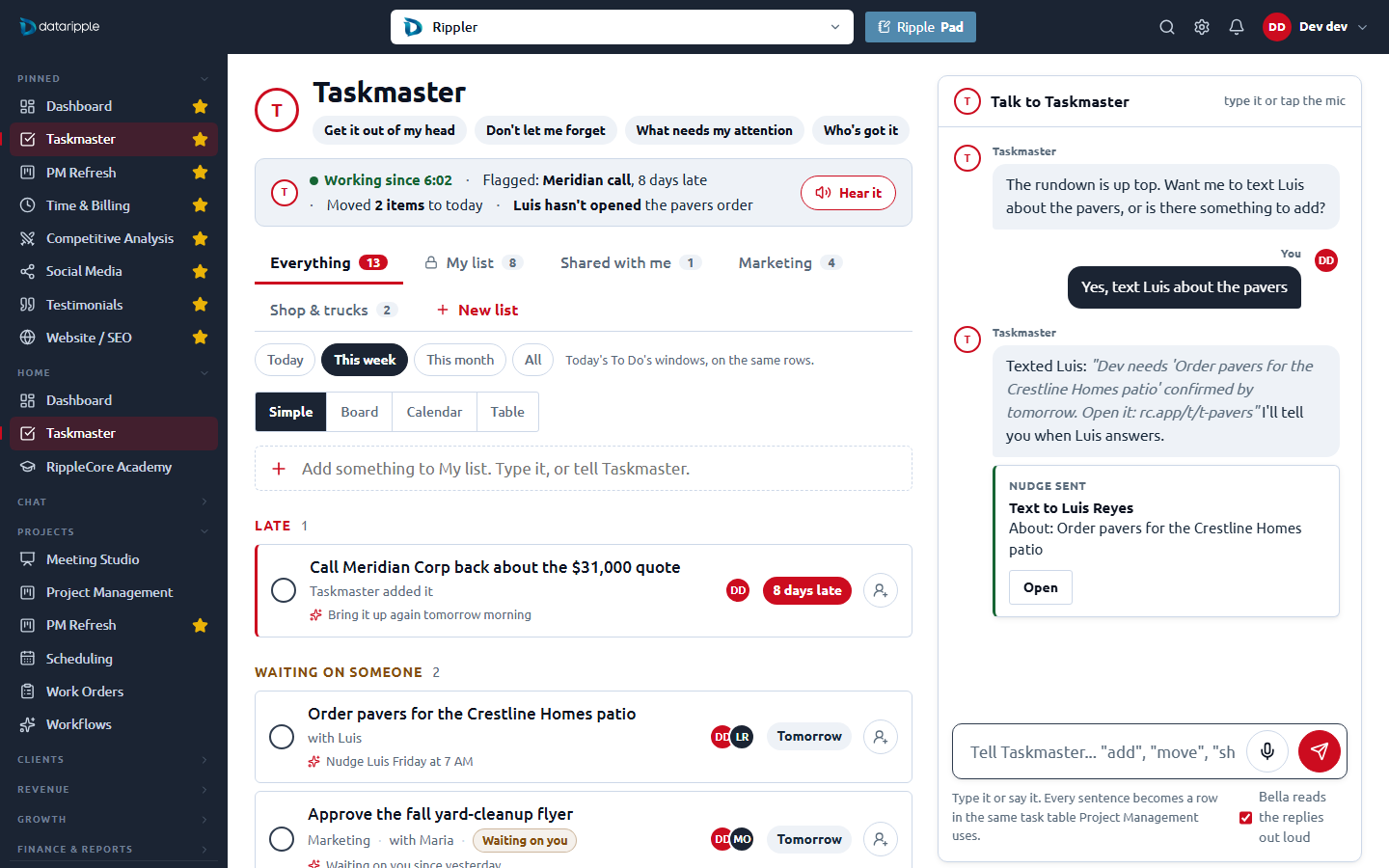 The Taskmaster page: the list with its tabs and views on the left, the conversation as a tall panel on the right